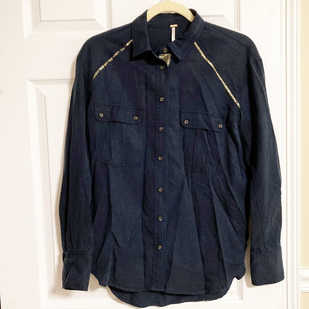 Free People Off Campus Metallic-Detail Long Sleeve Button Front Shirt Size S